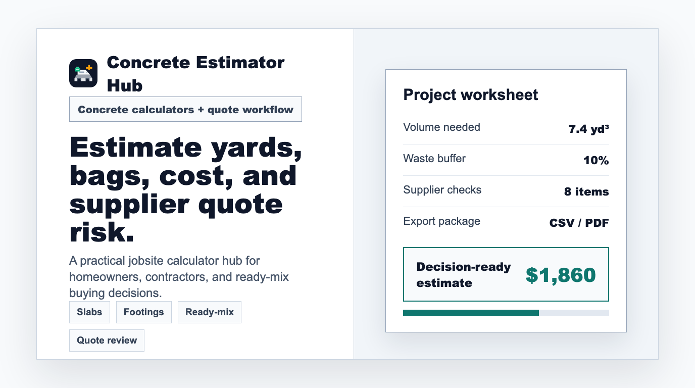 Concrete calculator worksheet preview Concrete Estimator Hub worksheet preview with yards, waste buffer, supplier checks, and export package.